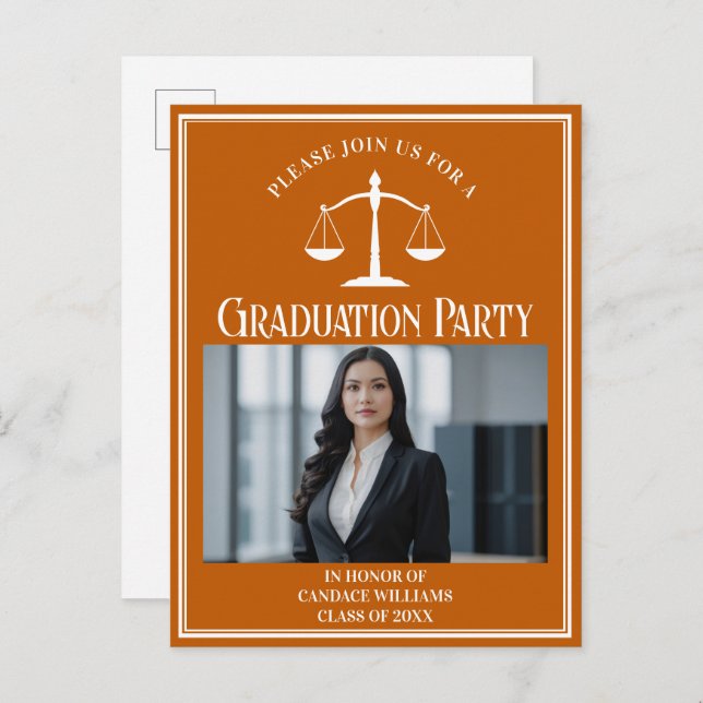 Custom Orange Law School Graduation Photo Party Invitation Postcard (Front/Back)