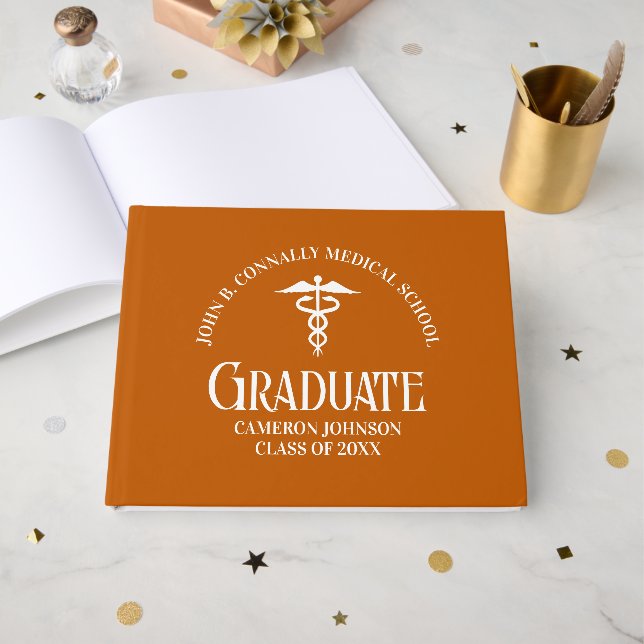 Custom Orange Medical School Graduation Party Guest Book (Front Open)