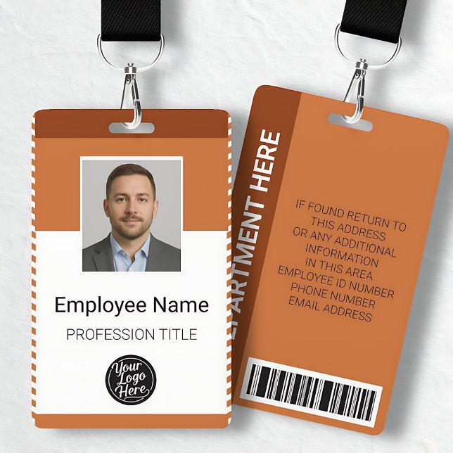 Custom Orange Modern Photo Employee Name Barcode ID Badge (Custom Orange Modern Photo Employee Name Barcode Badge)