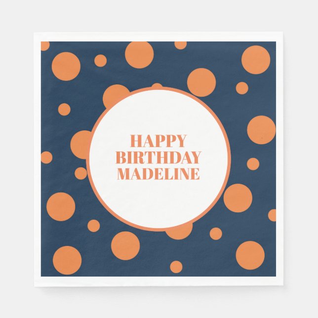 Custom Orange Navy Blue Polka Dot Birthday Party Napkin (Front)