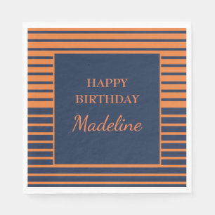 Custom Orange Navy Blue Striped Birthday Party  Napkin