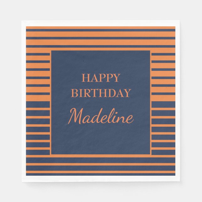 Custom Orange Navy Blue Striped Birthday Party  Napkin (Front)