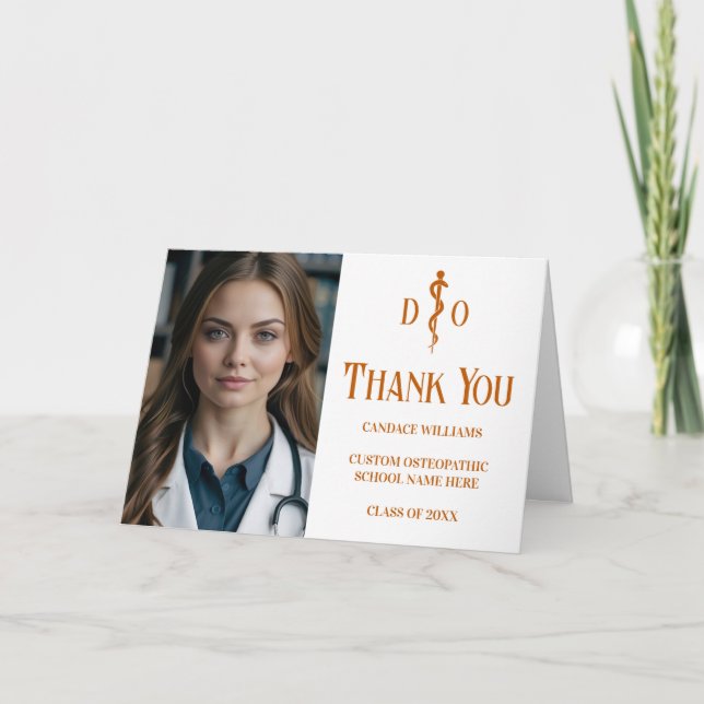 Custom Orange Osteopathic Medical Doctor Photo Thank You Card (Front)