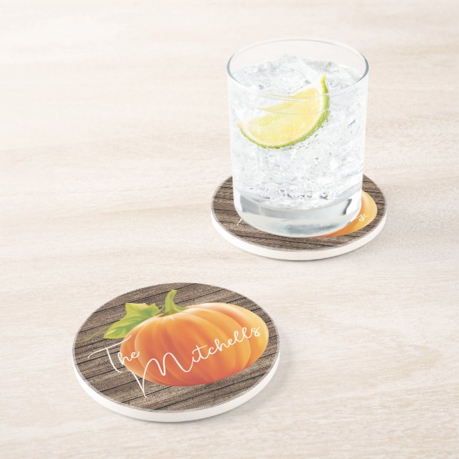 Custom Orange Pumpkin Green Leaves Shiplap Pattern Coaster (Side)