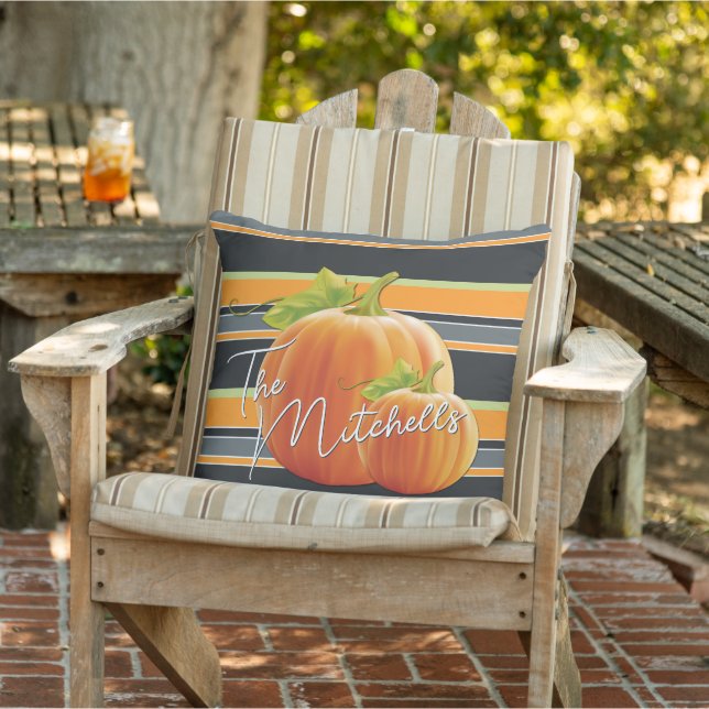Custom Orange Pumpkin On Vibrant Stripes Pattern Cushion (Chair)