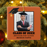 Custom Orange Senior Graduation Photo 2024 Ceramic Ornament<br><div class="desc">This custom orange senior graduate Christmas ornament features your graduation photograph underneath a black grad cap. Personalize with your class year,  school,  and name for a great gift for a graduating student.</div>