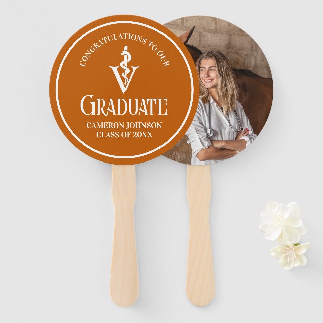 Custom Orange Veterinary School Graduation Party Hand Fan (Front and Back)