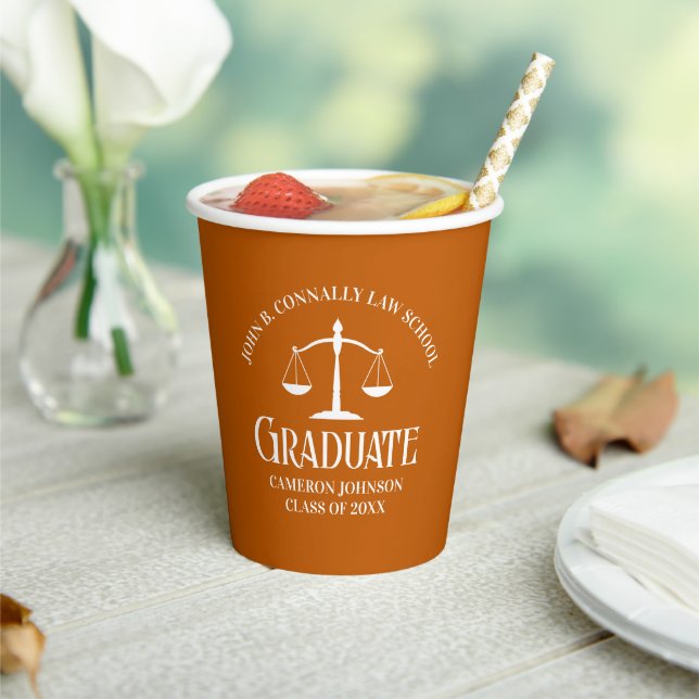 Custom Orange White Law School Graduation Party Paper Cups (Insitu)