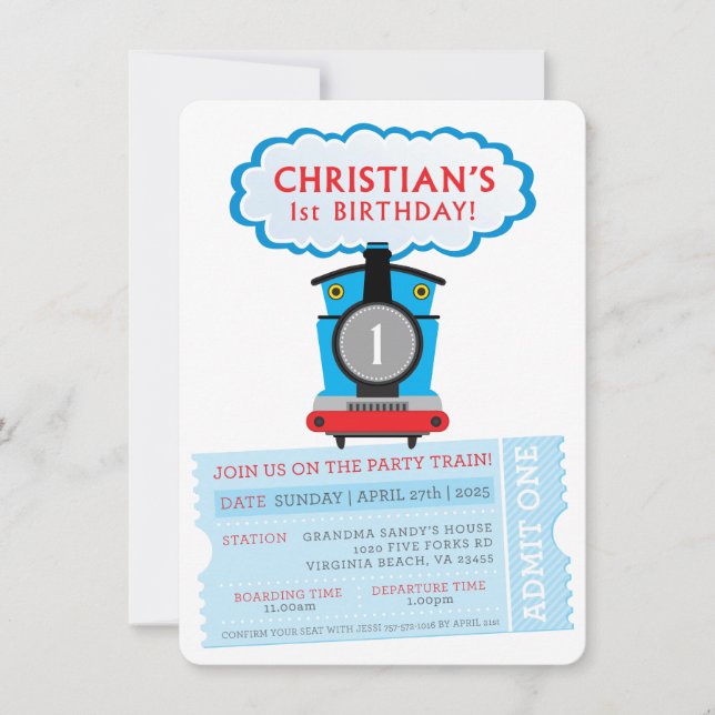 CUSTOM ORDER Christian's 1st Birthday train invite (Front)