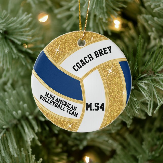 Custom Order Gold Glitter, White & Blue Volleyball Ceramic Ornament (Tree)