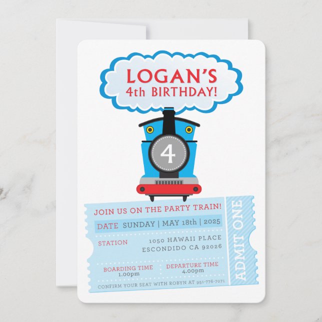 CUSTOM ORDER Logan's 4th Birthday train invite (Front)
