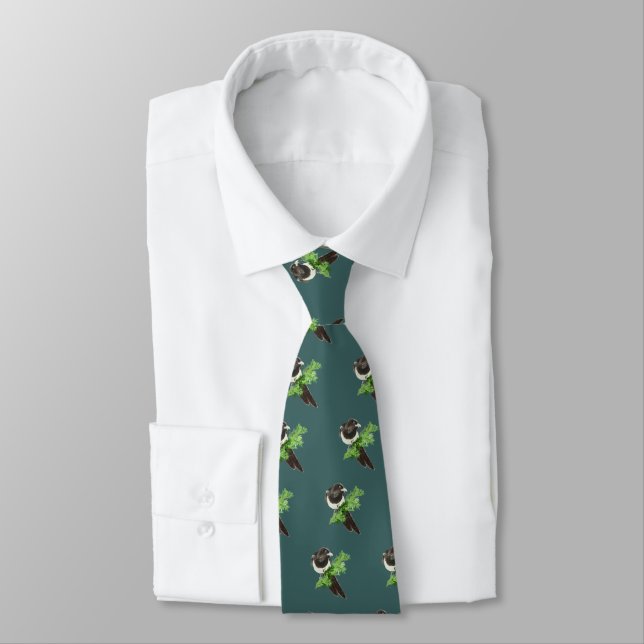 Custom Original Watercolor Magpie Pine Branch Tie (Tied)
