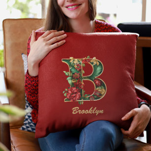 Custom Ornate Monogram B Christmas Red Gold Cushion