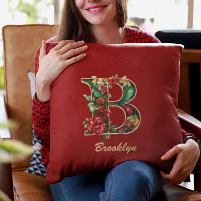 Custom Ornate Monogram B Christmas Red Gold Cushion (Creator Uploaded)