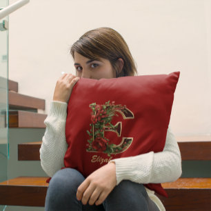 Custom Ornate Monogram E Christmas Red Gold Cushion