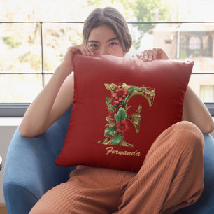 Custom Ornate Monogram F Christmas Red Gold Cushion
