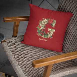 Custom Ornate Monogram G Christmas Red Gold Cushion