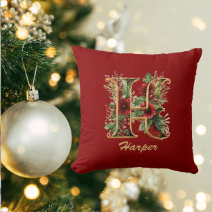 Custom Ornate Monogram H Christmas Red Gold Cushion
