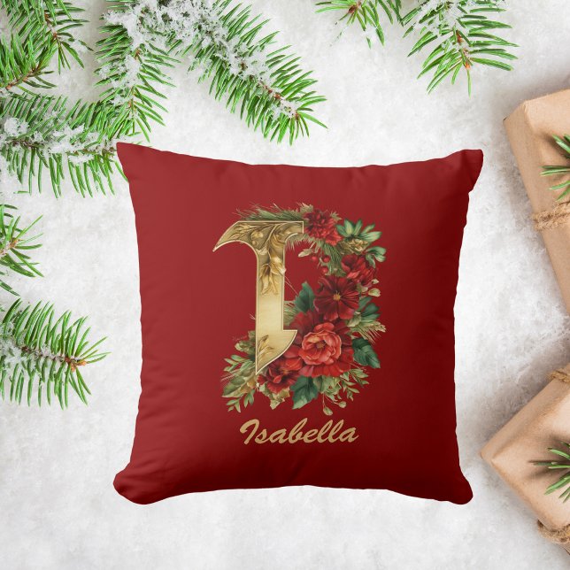 Custom Ornate Monogram I Christmas Red Gold Cushion (Creator Uploaded)