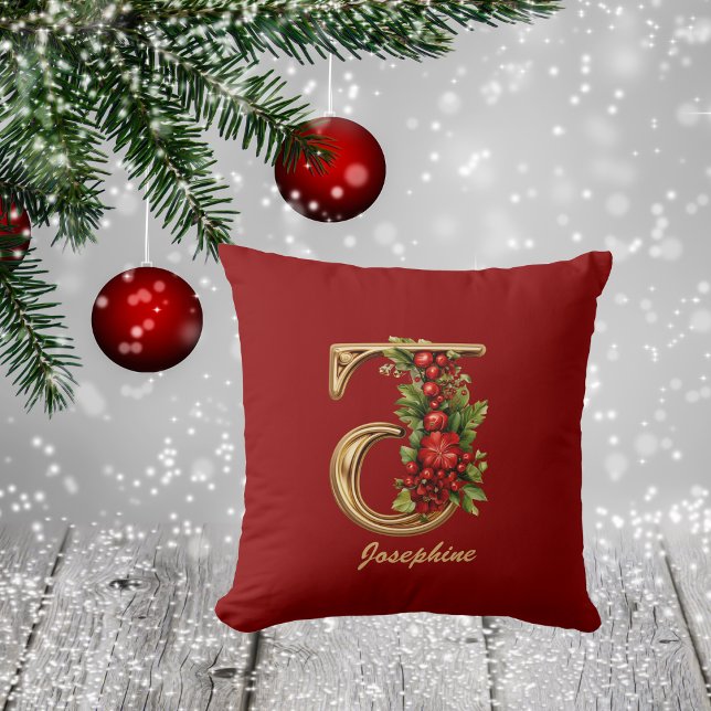 Custom Ornate Monogram J Christmas Red Gold Cushion (Creator Uploaded)
