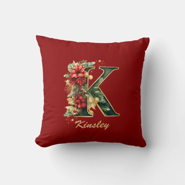 Custom Ornate Monogram K Christmas Red Gold Cushion (Front)