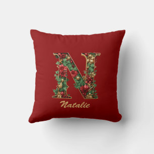 Custom Ornate Monogram N Christmas Red Gold Cushion
