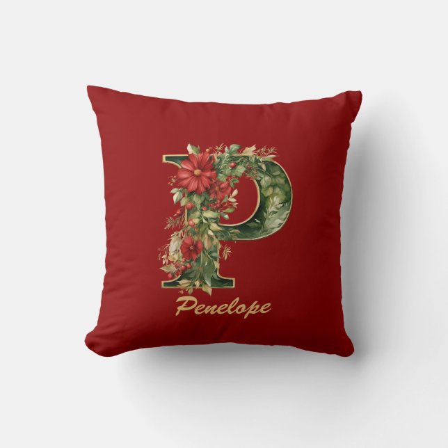 Custom Ornate Monogram P Christmas Red Gold Cushion (Front)