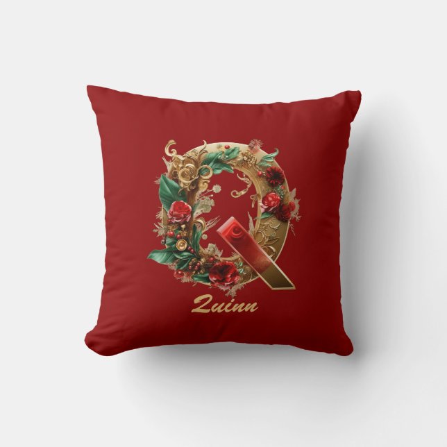 Custom Ornate Monogram Q Christmas Red Gold Cushion (Front)