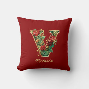 Custom Ornate Monogram V Christmas Red Gold Throw  Cushion