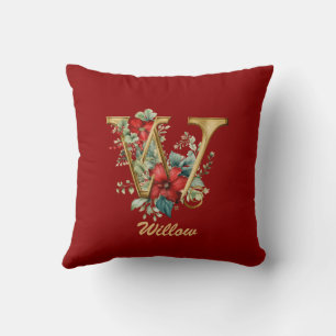 Custom Ornate Monogram W Christmas Red Gold Throw  Cushion