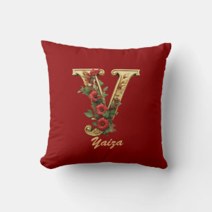 Custom Ornate Monogram Y Christmas Red Gold Throw  Cushion