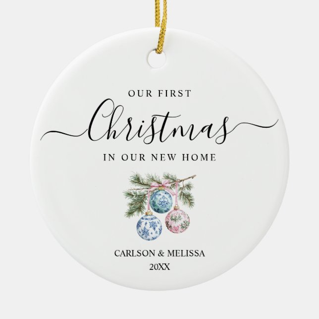 Custom Our First Christmas Chinoiserie Bauble Ceramic Ornament (Front)