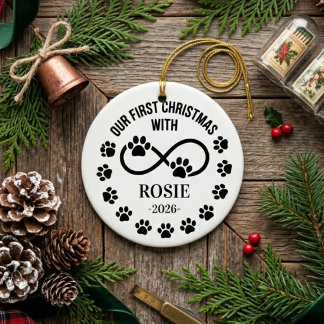 Custom Our First Christmas Pet Infinity Paw Print Ceramic Ornament