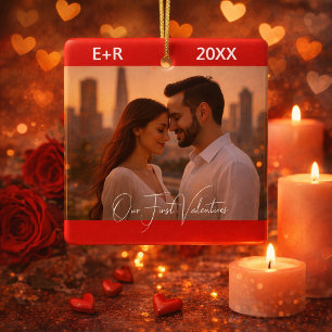 Custom Our First Valentine's Photo Ceramic Ornament