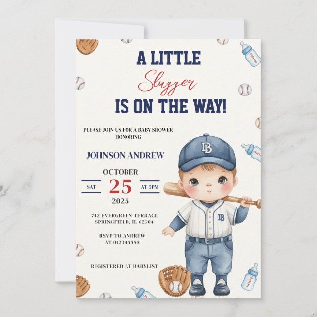 Custom Our Little Slugger Baseball Baby Shower Invitation (Front)
