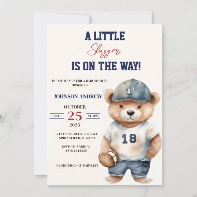 Custom Our Little Slugger Baseball Baby Shower Invitation (Front)