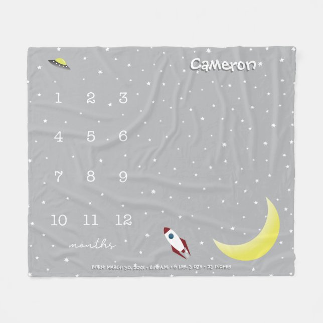 Custom Outer space grey and white Milestone baby Fleece Blanket (Front (Horizontal))