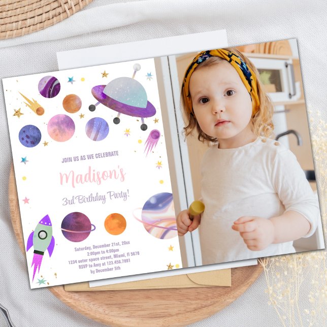 Custom Outer Space Kids Party Invite (Purple Planets Birthday Invitations with photo)