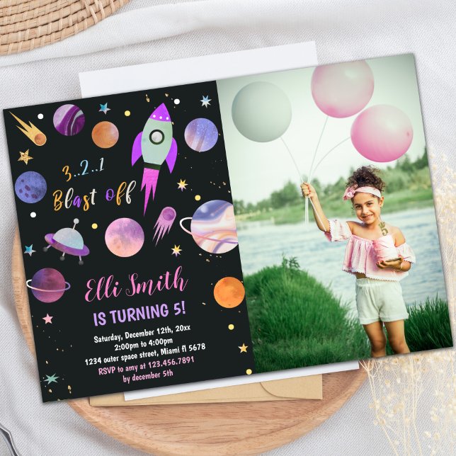 Custom Outer Space Party Invite (Galaxy Purple Planets Birthday Invitations w photo)