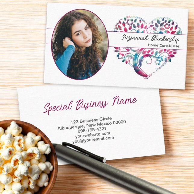 Custom Oval Photo Colourful Tree Heart Art  Business Card (Business card colorful heart tree front and back)