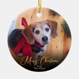 Custom Own Pet Photo Elegant Gold Script Christmas Ceramic Ornament
