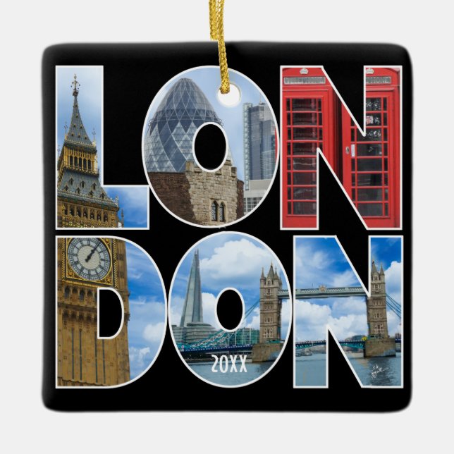 Custom Own Photo London Europe City Typography Ceramic Ornament (Front)