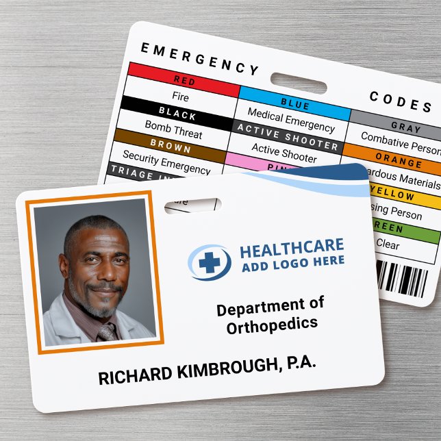 Custom PA Hospital Employee Photo ID Badge (Double-sided photo ID badge with custom emergency codes and barcode image)