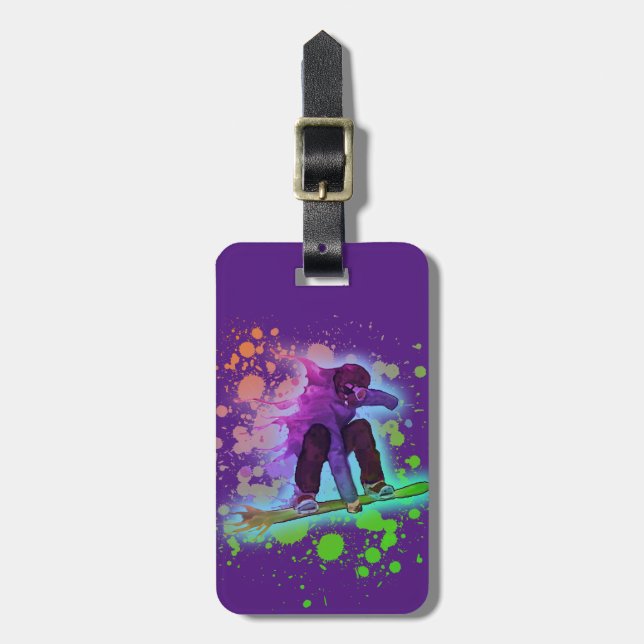 Custom paint splatter rainbow snowboard id tag (Front Vertical)