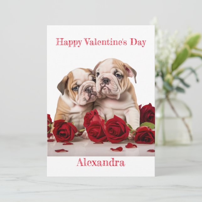 Custom Pair of Bulldog Puppies Valentine Holiday Card (Standing Front)