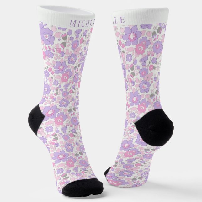 Custom Pale Pastel Purple White Floral Pink Flower Socks (Angled)
