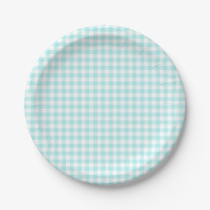 Custom Pale Turquoise Gingham Paper Plate