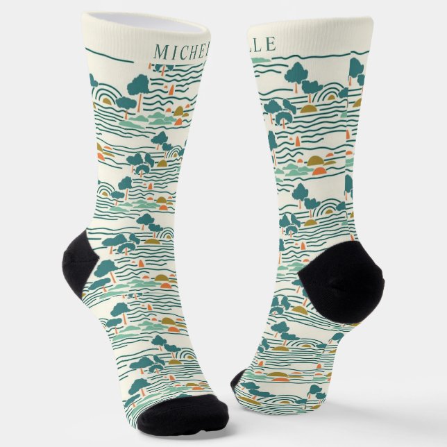 Custom Pale Yellow Teal Green Abstract Pattern Socks (Angled)