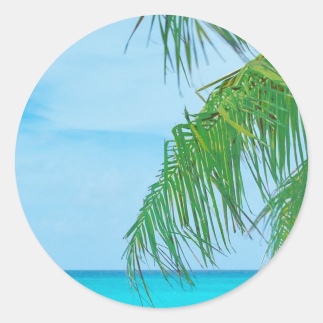 Custom Palm Leaves Blue Sky Sea Clouds Blank Classic Round Sticker (Front)
