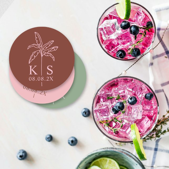 Custom Palm Tree Monogram Save the Date Logo Round Paper Coaster (Creator Uploaded)